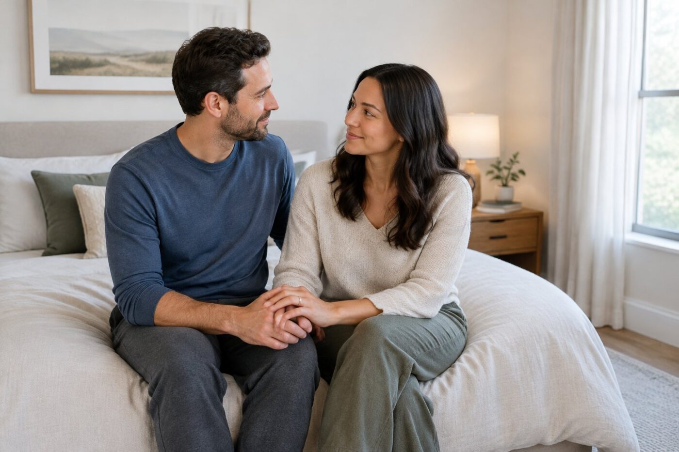 An adult couple sits together on a bed, sharing a warm conversation.